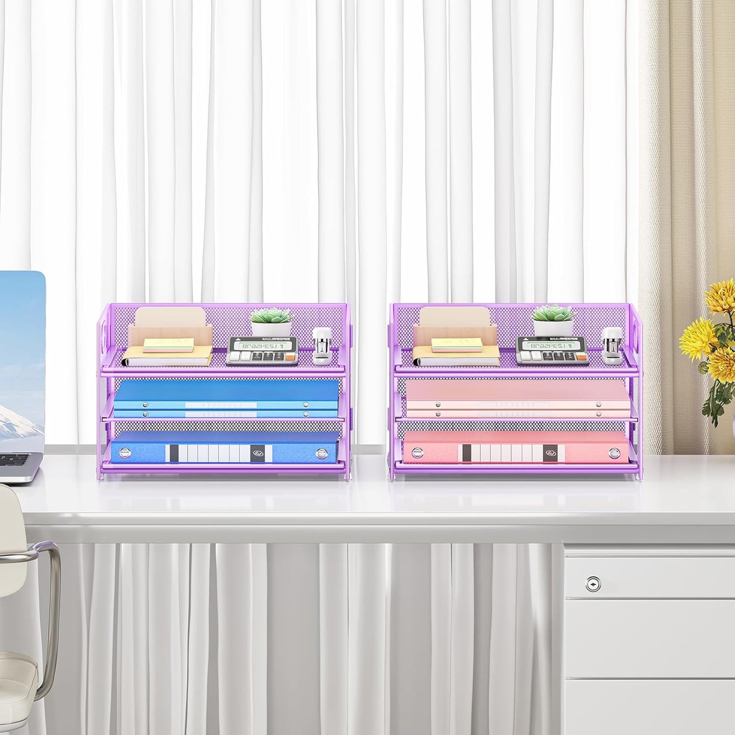 Subekyu 2-Pack 3-Tier Purple Metal Mesh Desk Paper Letter Tray & File Sorter Organizer with Handle + 1 Sliding Tray for Desk, Home, Office, School Supplies, A4 Paper and Accessories Storage