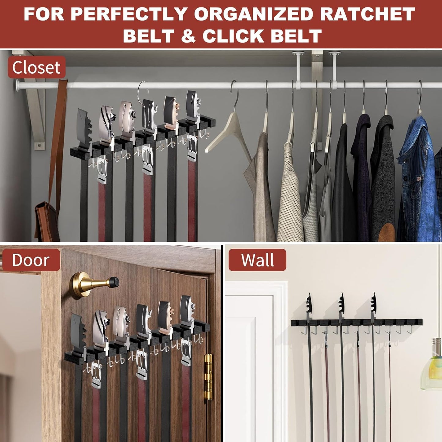 Belt Hanger for Closet Max 42 Belts, 2-in-1 Wall Mount Belt Organizer with 360° Rotating Hooks, Wooden Tie and Belt Rack for Closet Accessories Organizers and Storage, Black