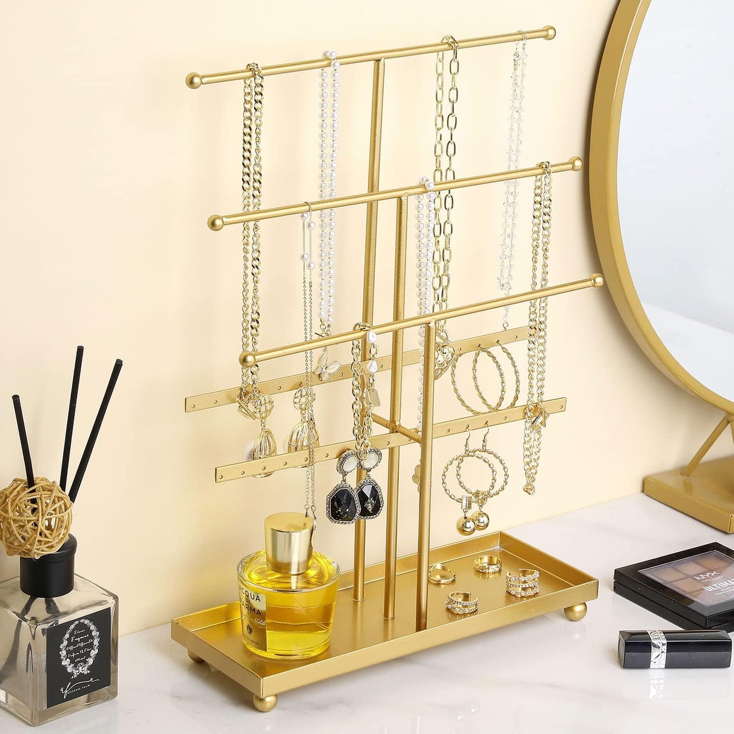 MyGift 5-Tier Gold Metal Jewelry Organizer Stand with Earring Hooks & Ring Tray - T-Bar for Tangle-Free Necklace Bracelet Display - Home Store Boutique (16.25" H)