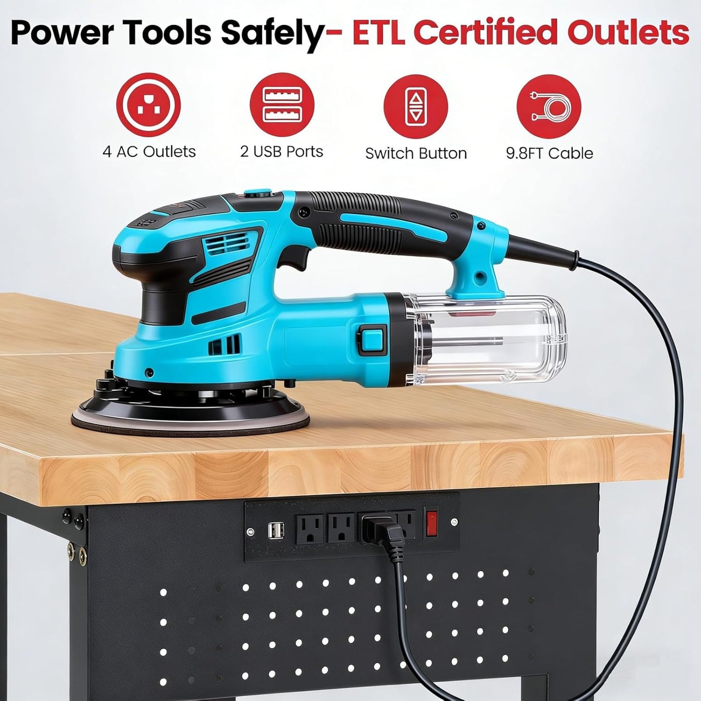 Work Bench 96 Inch Heavy Duty Work Table with Power Outlets & Extended Pegboard Adjustable Height 5000 Lbs Load Capacity Workstation for Garage, Workshop, Home, Office
