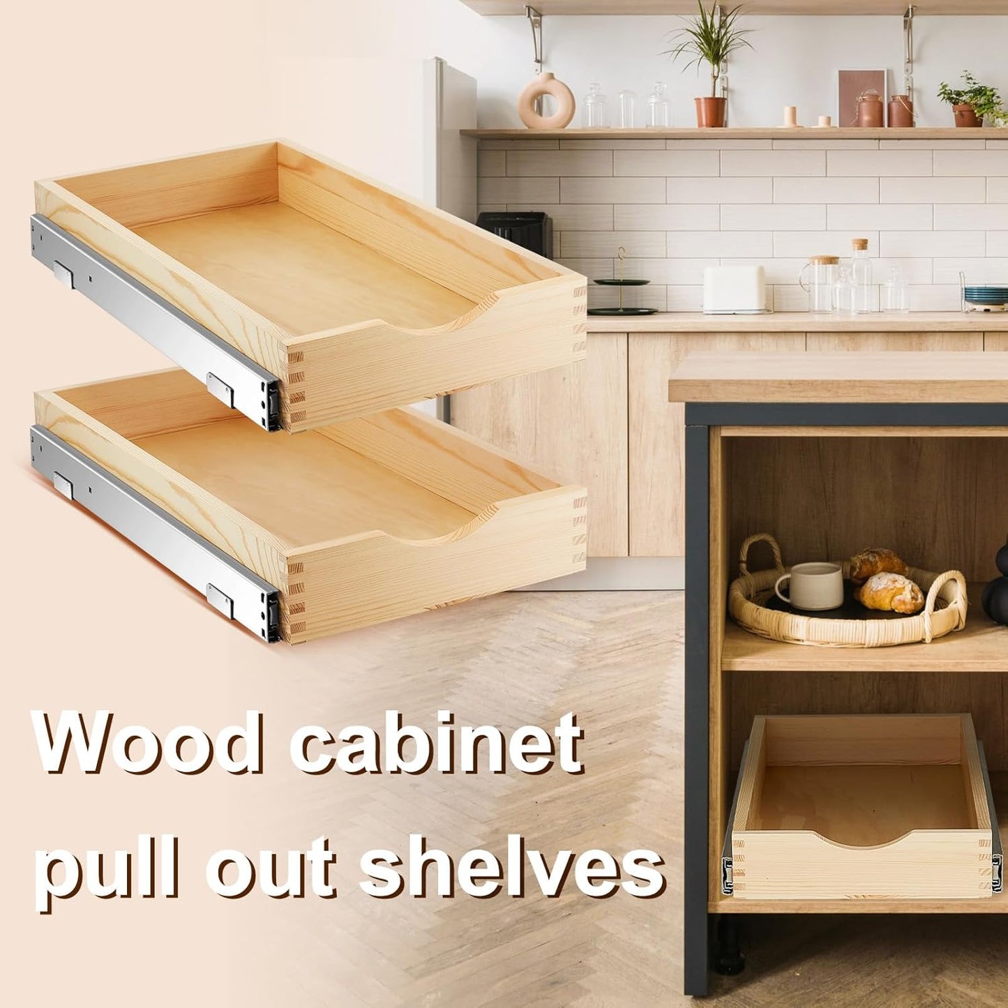 Menkxi 2 Set Pull out Tray Cabinet Organizer Wooden Pull Drawers storage Slide out Pantry Shelf for Base Cabinet Kitchen Gentle Close Fully Assembled Accessories(Wood Color,12'' X 21'' X 3")