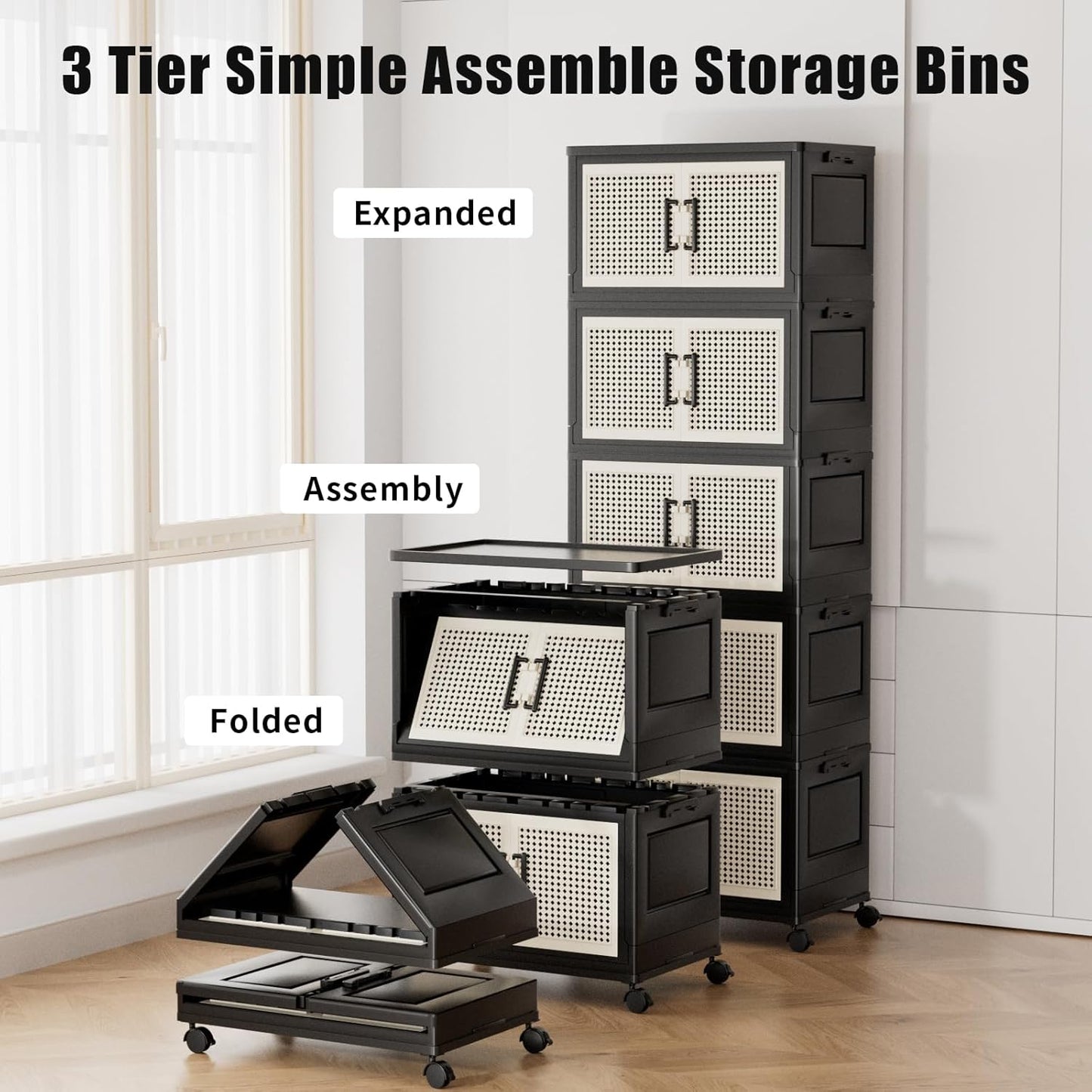 Stackable Storage Bins with Lids,Collapsible Plastic Storage Box Closet Organizers and Storage with Wheels and Magnetic Door for Home Office Dorm (5 Pack)
