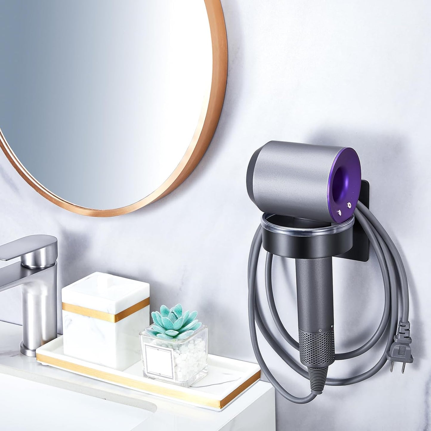 Blow Dryer Holder Wall Mounted, Hair Dryer Holder Stand Adhesive, Bathroom Hair Tool Organizer, Hairdryer Holder Compatible with Most Dryers (Black)