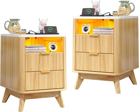 Nightstand with Charging Station, Fluted Nightstand with LED Lights, Modern Rustic Side Table with 2 Storage Drawers, Wooden End Table for Bedroom, Natural Oak 2pcs