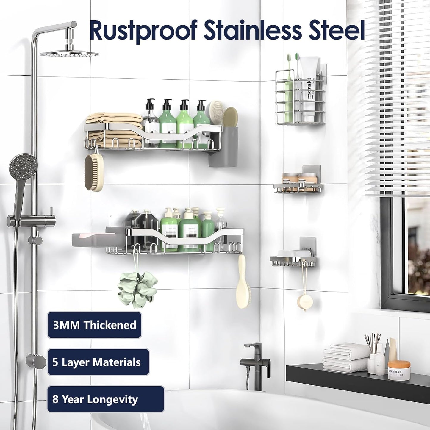 Shower Caddy Adhesive Shower Organizer 7-Pack, Rustproof Stainless Steel Bathroom Shelves, Large Capacity No-Drill Rack Storage Accessories with Soap Dish Toothbrush Holder Hooks (Silver)
