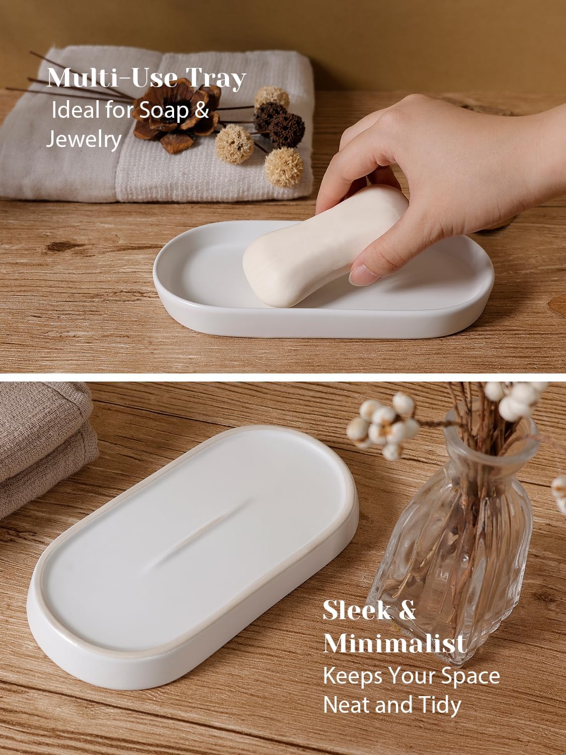 INGOFIN 3 Pcs Ceramic Bathroom Accessory Set - Liquid Soap Dispenser, Toothbrush Holder & Tray, Bathroom Counter Set, Countertop Essentials for Home, Guest Bathroom, or Office Use, White