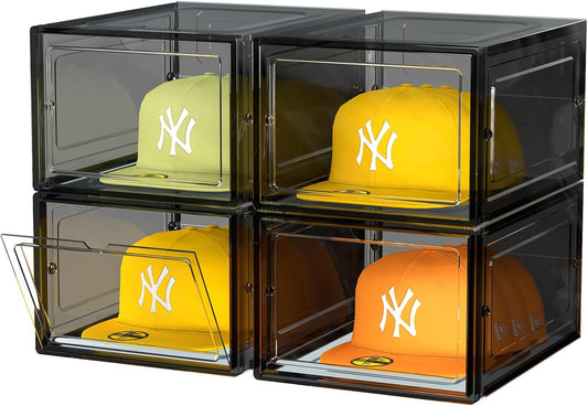 Hat Organizer Box, Stackable Clear Baseball Caps Holder Box Containers with Magnetic Door for Hats Snapback Cap Storag, Hat Rack Display Case, Holds 8 Hats Each (Black, 4 Pack)