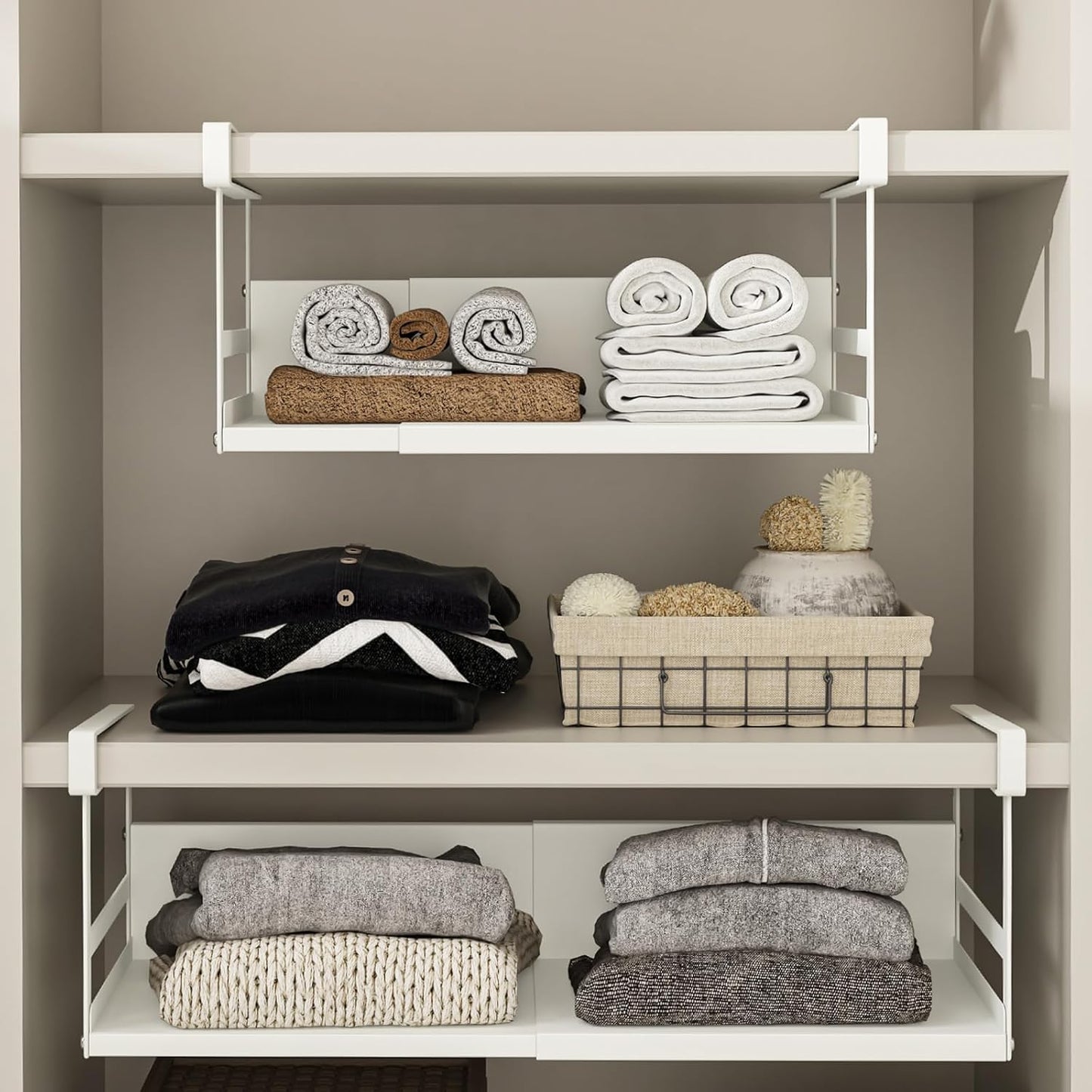 Expandable Under Cabinet Shelf Organizer with 0.94-Inch Thick Clips, Heavy Duty Extendable Under Shelf Storage Basket for Pantry or Laundry Room, White, 1 Pack, Interior: 4.13" H x 8.54" D