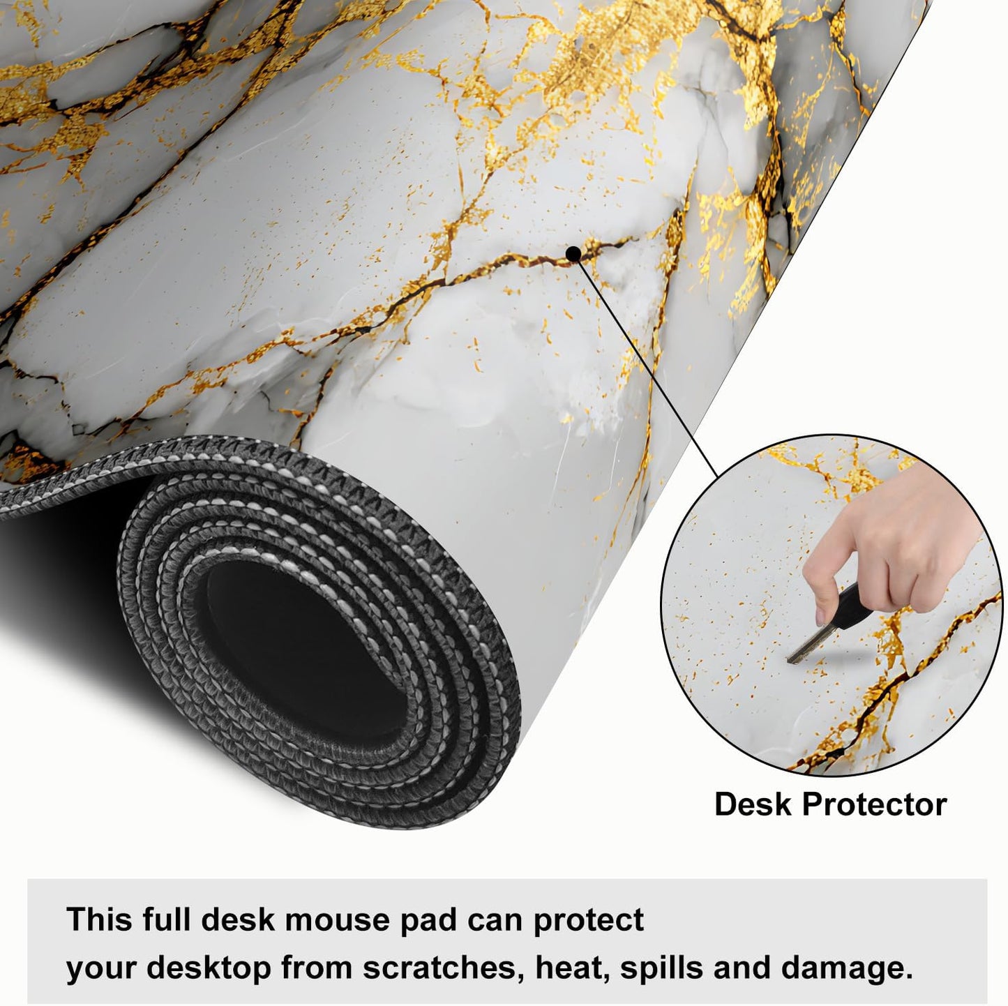 White Marble Mouse Pad – Large Extended Desk Mat 31.5 x 11.8 in– Elegant Gold Vein Design, Non-Slip Rubber Base, Waterproof Surface, Keyboard & Mouse Pad for Office, Gaming, Home Decor