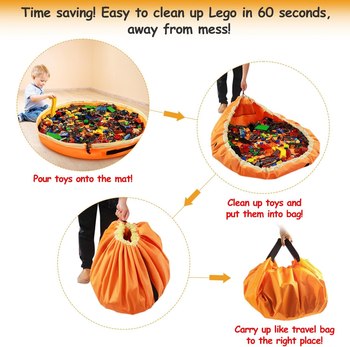 Toy Storage for Lego Play Mat Bag - Duplo Toy Organizer Storage Bag by Drawstring for Kids Tidy Toy with Lips can as Gift (2Pcs = Big Orange + Mini Yellow)