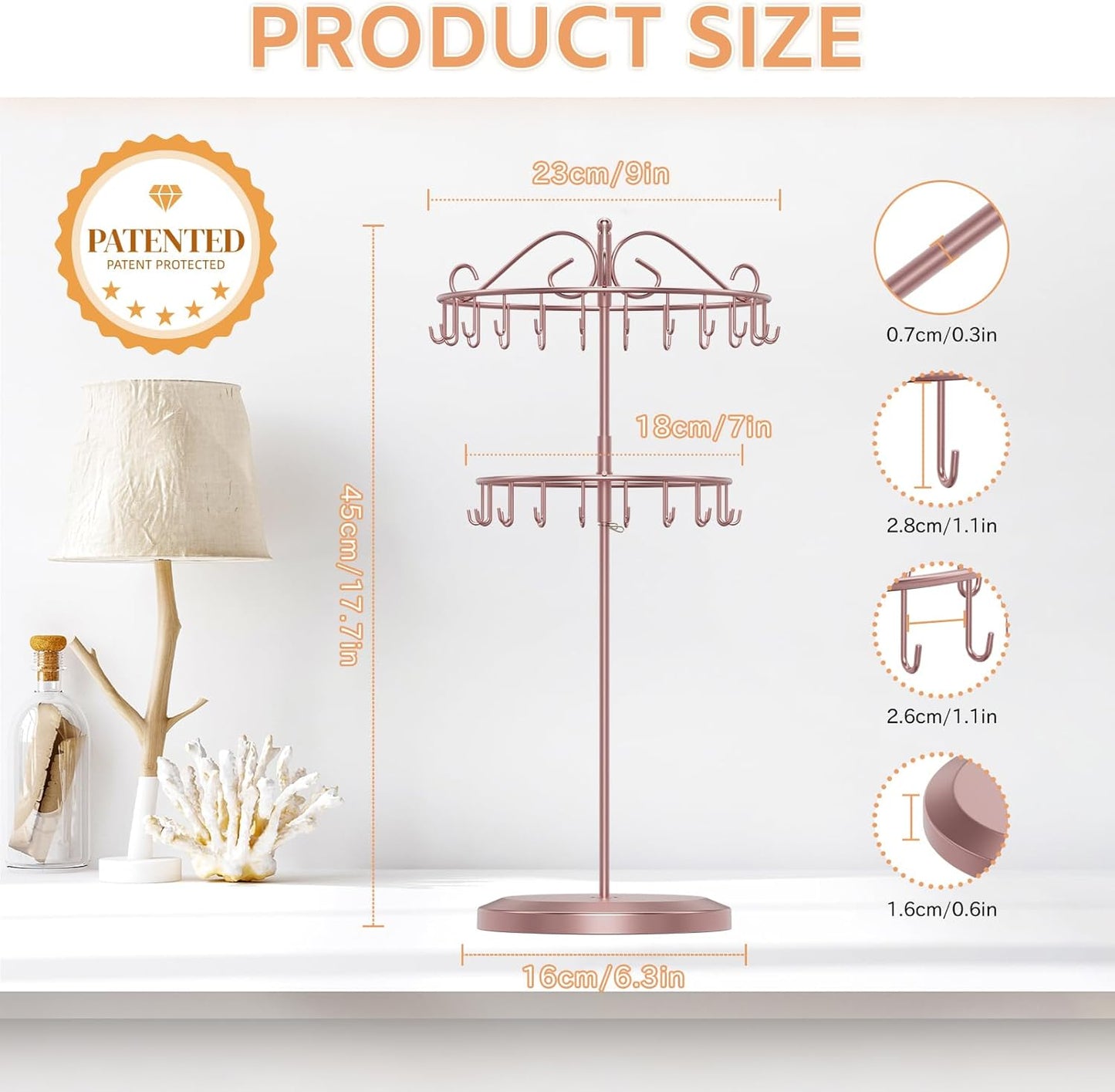 iDavosic.ly 2 Tier Rotating Necklace Holder Organizer with 42 Hooks, Adjustable Metal Bracelet Display Stand Rack, Extra Tall Keychain Spinning Tree Tower for Women, Rose Gold