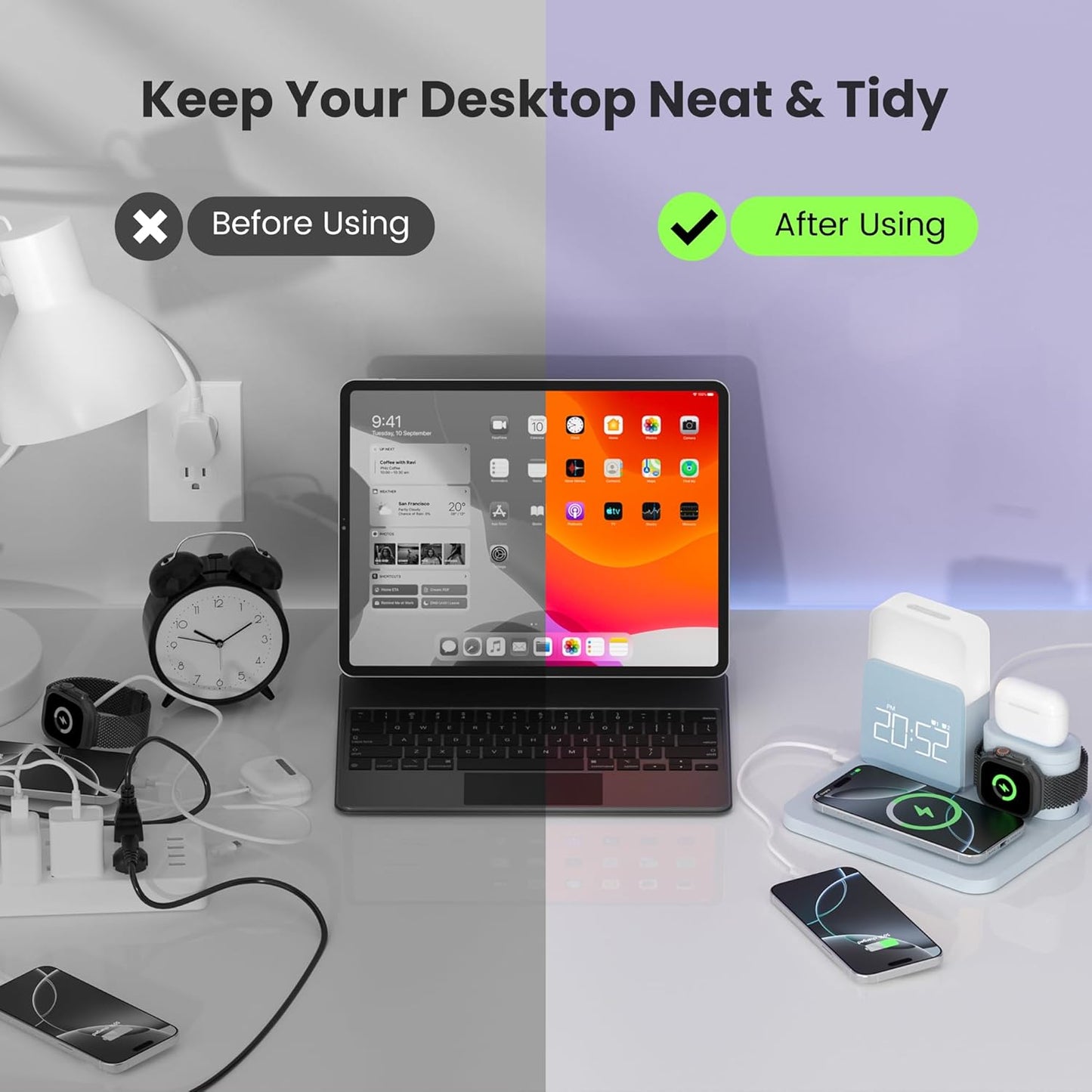 7 in 1 Wireless Charging Station, Alarm Clock with Wireless Charger for Bedrooms, Magnetic Charger with Night Light Bedside Clock for iPhone 17 16 15 14 13 12 Pro Max, Apple Watch, AirPods