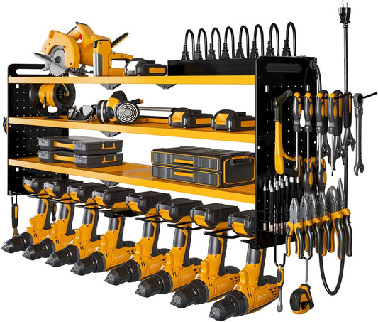 Power Tool Organizer Wall Mount with Charging Station, 8 Drill Holder, 4 Layer Storage Rack for Garage Organization, Tool Holder with 8 Outlet Power Strip (Yellow)