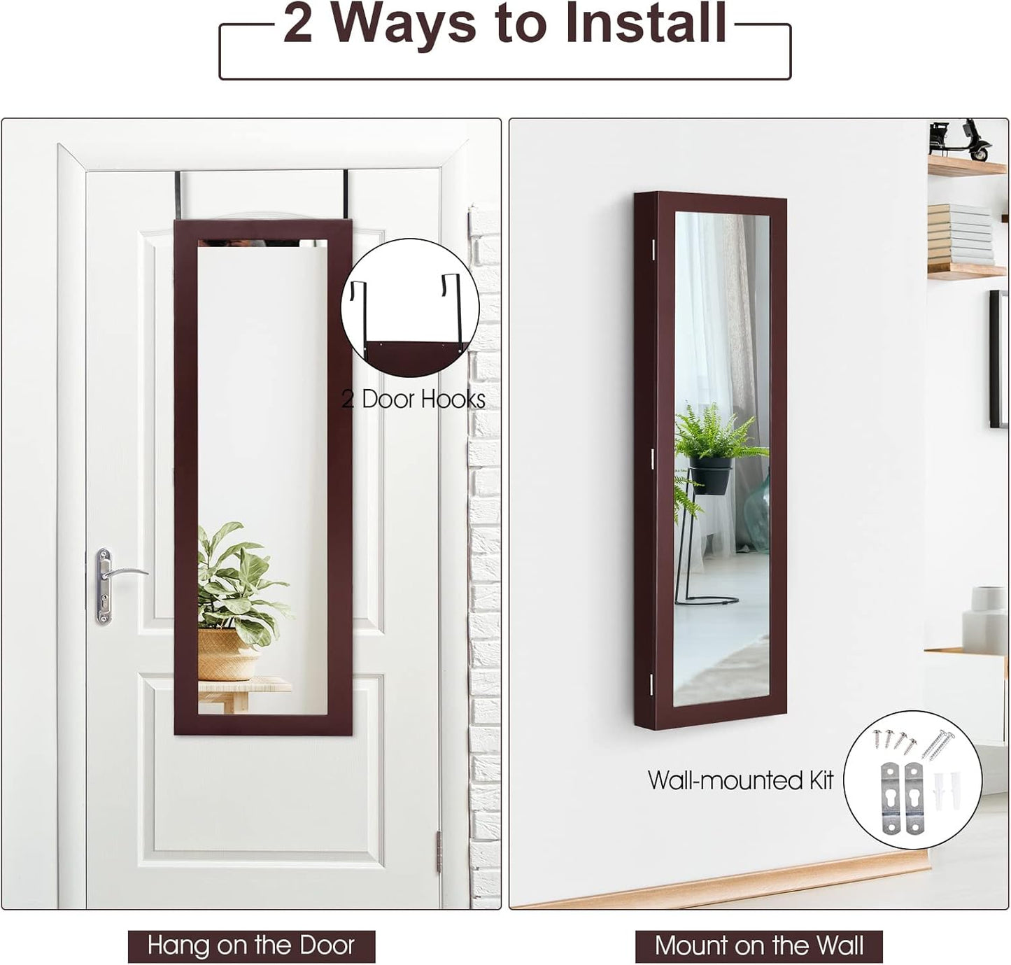COSTWAY Full Length Mirror Jewelry Cabinet, Wall Door Mounted Jewelry Organizer with Makeup Mirror, Ring Slots and Necklace Hooks, Large Storage Jewelry Armoire for Bedroom, Dressing Room (Brown)