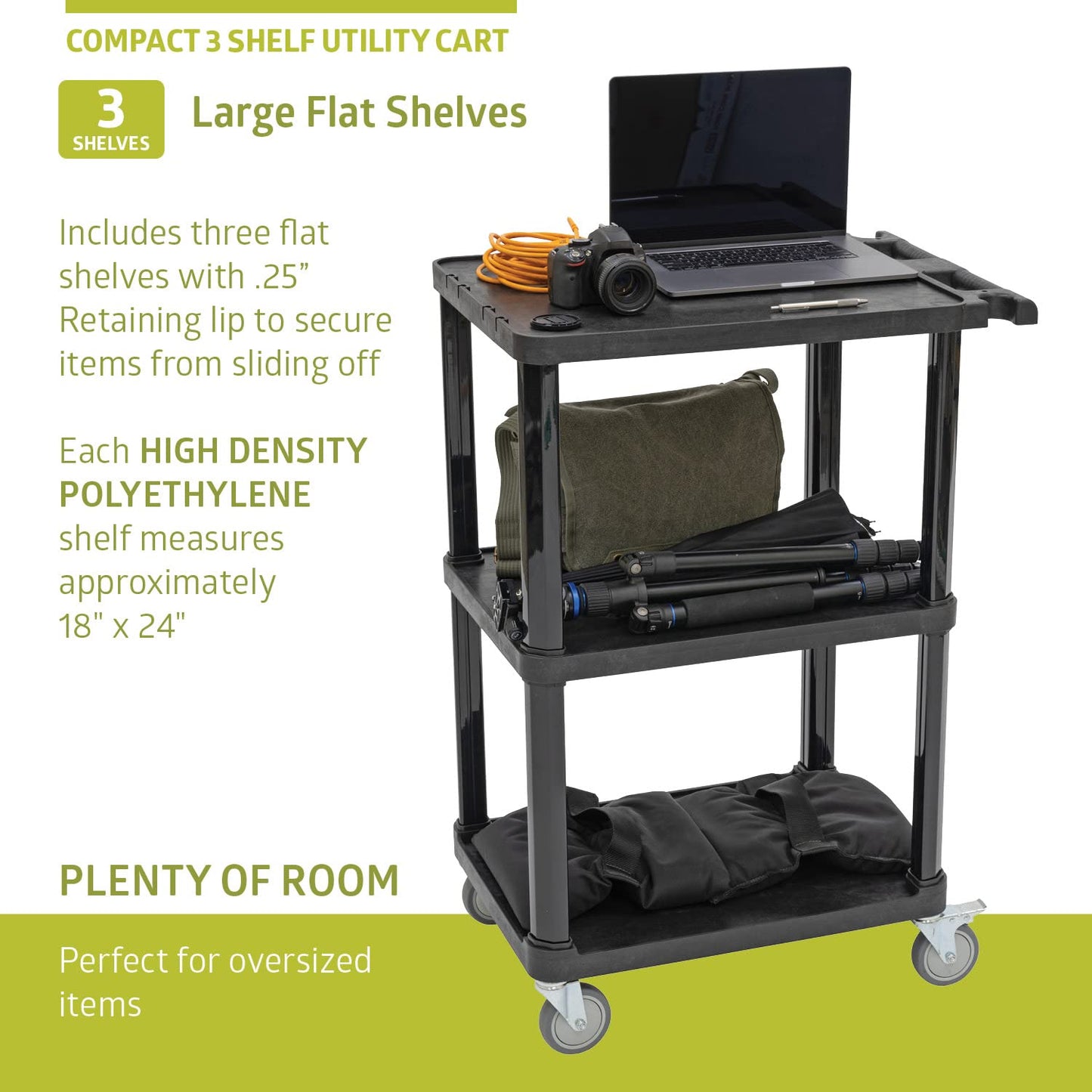 Pearington 3-Tier Compact Multi-Purpose Utility Cart with Lockable Wheels and Ergonomic Handle, Black, 2 Pack