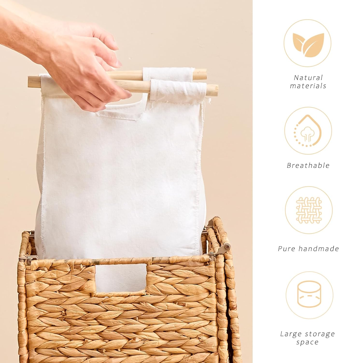 Handwoven Laundry Hamper with Lid, Natural Hyacinth Heightened Feet Laundry Basket, Wicker Clothes Hamper with Removable Liner Bag