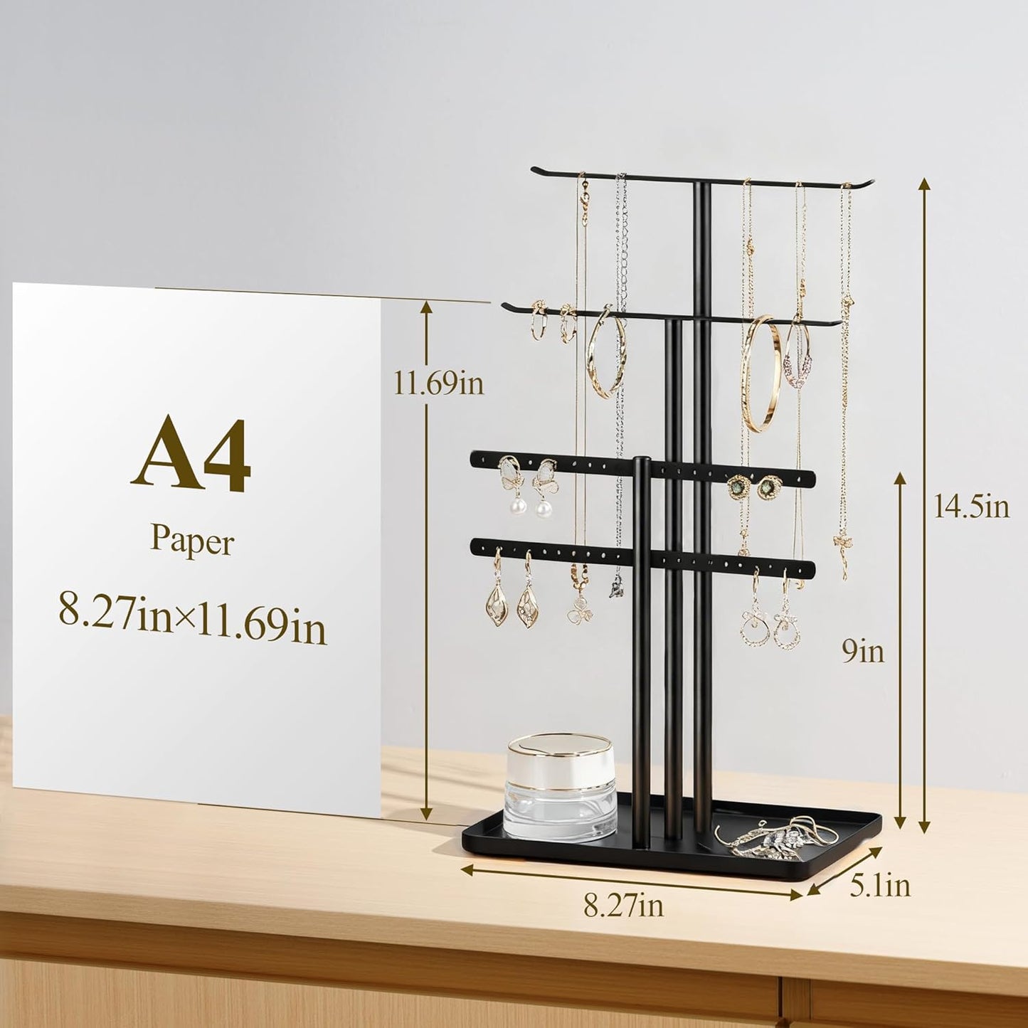 pickpiff Jewelry Stand Organizer, 14.5" Tall Sturdy Metal, 3-Tier Jewelry Holder for Necklace, Earring, Bracelet, Ring, Hanger for Display and Storage, Aesthetic Room Decor, Black