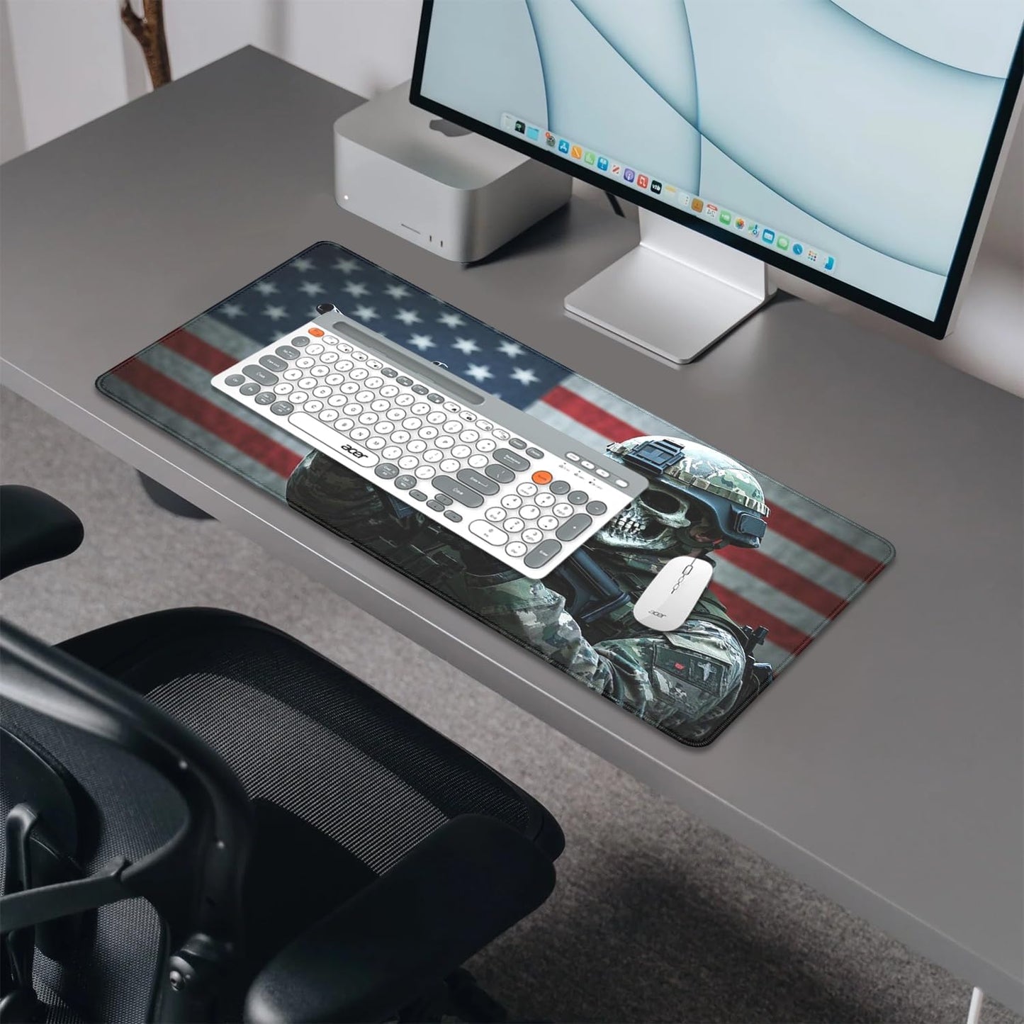 America Skeleton Warrior Mouse Pad,US Flag Soldier XL Mousepad Desk Pad with Stitched Edges,Non-Slip Waterproof Rubber Base Mouse Mat Desk Mat for Office Computer Keyboard Laptop Home(27.5x11.8 in)