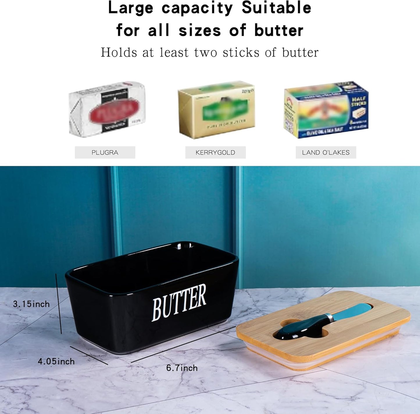 Black Butter Dish with Lid for Countertop, Large Ceramic Covered Butter Stick Holder Container for Fridge