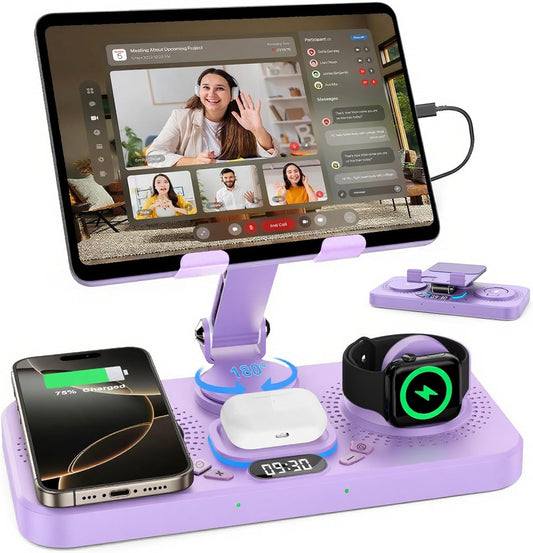 30W Charging Station for Apple Products, Foldable Wireless Charger with Clock Display&7 Color Light, Wired Charging for iPad/Tablet Charging Station for iPhone17, for Apple Watch11 for AirPods4(Purple