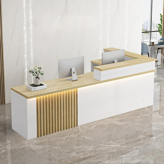 Receptionist Desk with LED Light，Wooden Salon Checkout Counter with Storage Drawer & Keyboard Tray Modern L-Shaped Reception Desk for Barbershop Office Company Store