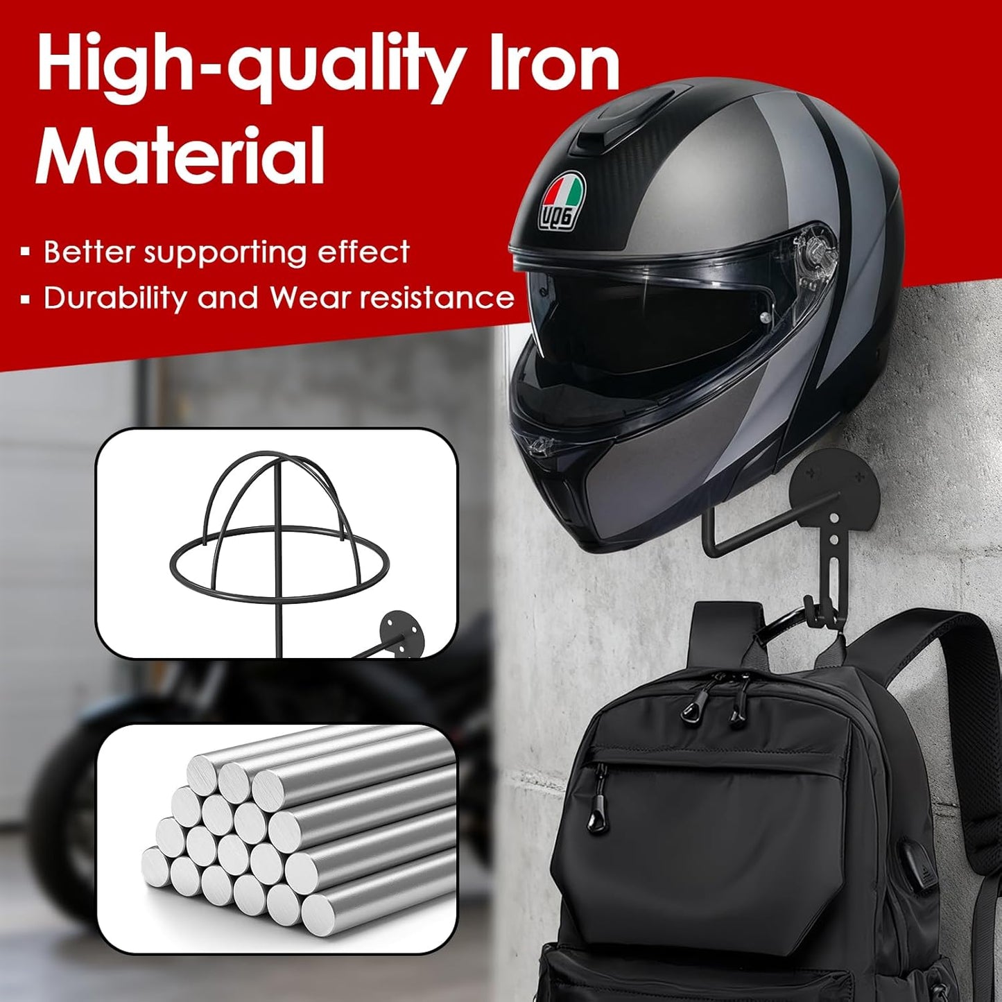 Helmet Holder Wall Mount, 4 Pack Metal Motorcycle Helmet Holder with Hooks Multifunctional Helmet Storage Rack for Helmets, Hats, Jackets