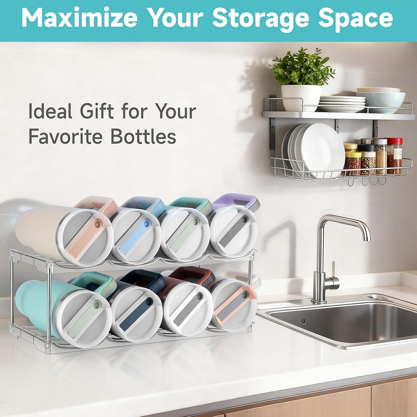 Stackable Water Bottle Organizer, Large Compartment Water Bottle Holder for Stanley 40 oz Tumbler, Kitchen Storage Organizer for Stanley Cup Accessories, Tumbler Organizer Wine Rack - Hold 8 Bottles