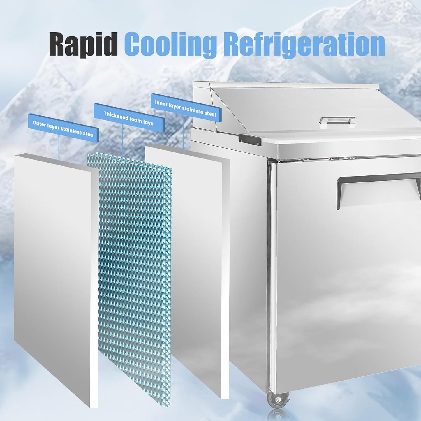 29" W Commercial Refrigerator Sandwich Salad Prep Table, Stainless Steel 1-Door Sandwich Prep Table Refrigerator, Counter Fan Cooling Refrigerator with 8 Pans for Restaurant, Bar