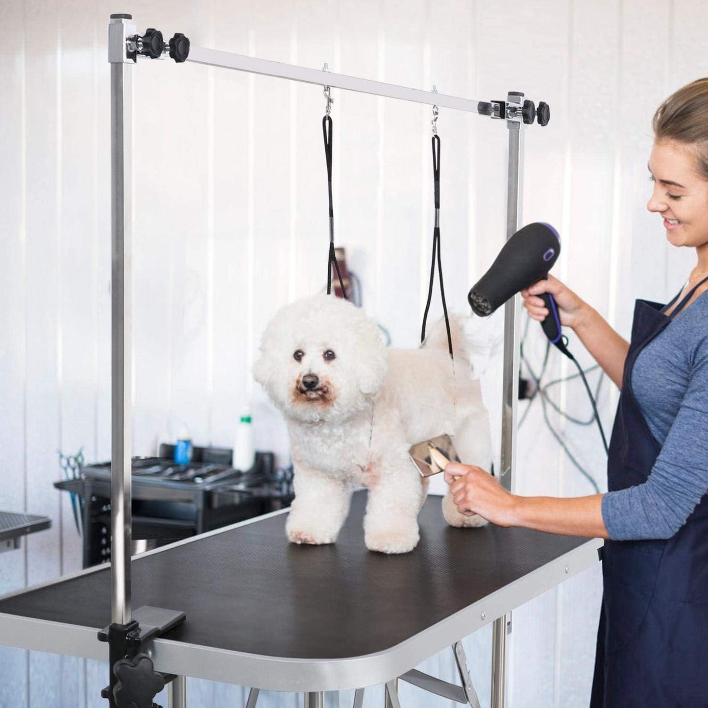 46" Dog Grooming Table Foldable Pet Grooming Tables with Adjustable Arm Noose Storage Mesh Tray Maximum Capacity Up to 330lbs Black