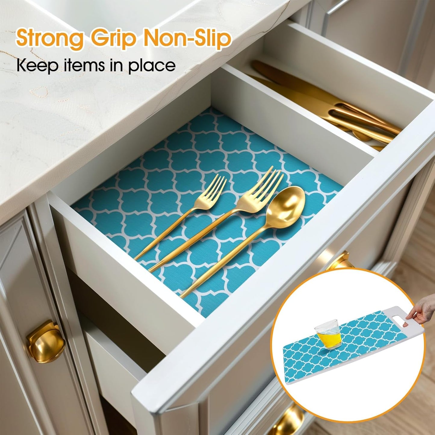 Shelf and Drawer Liner for Kitchen Cabinets Non-Adhesive, Strong Grip Non-Slip Thickened Cabinet Liners for Shelves, Waterproof Mats for Dresser Cupboard, Green/White, 12 in x 20 Feet