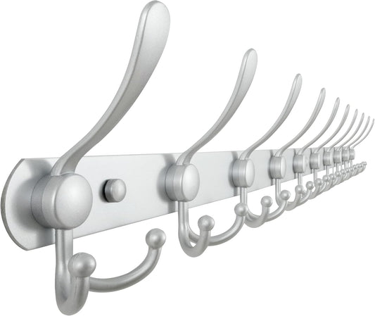 Dseap Coat Rack Wall Mount - 38” Long 10-Tri-Hooks Heavy Duty Coat Hanger Rail Wall Hooks for Hanging Coats Hats Clothing Clothes Purse Mudroom Entryway, Silver