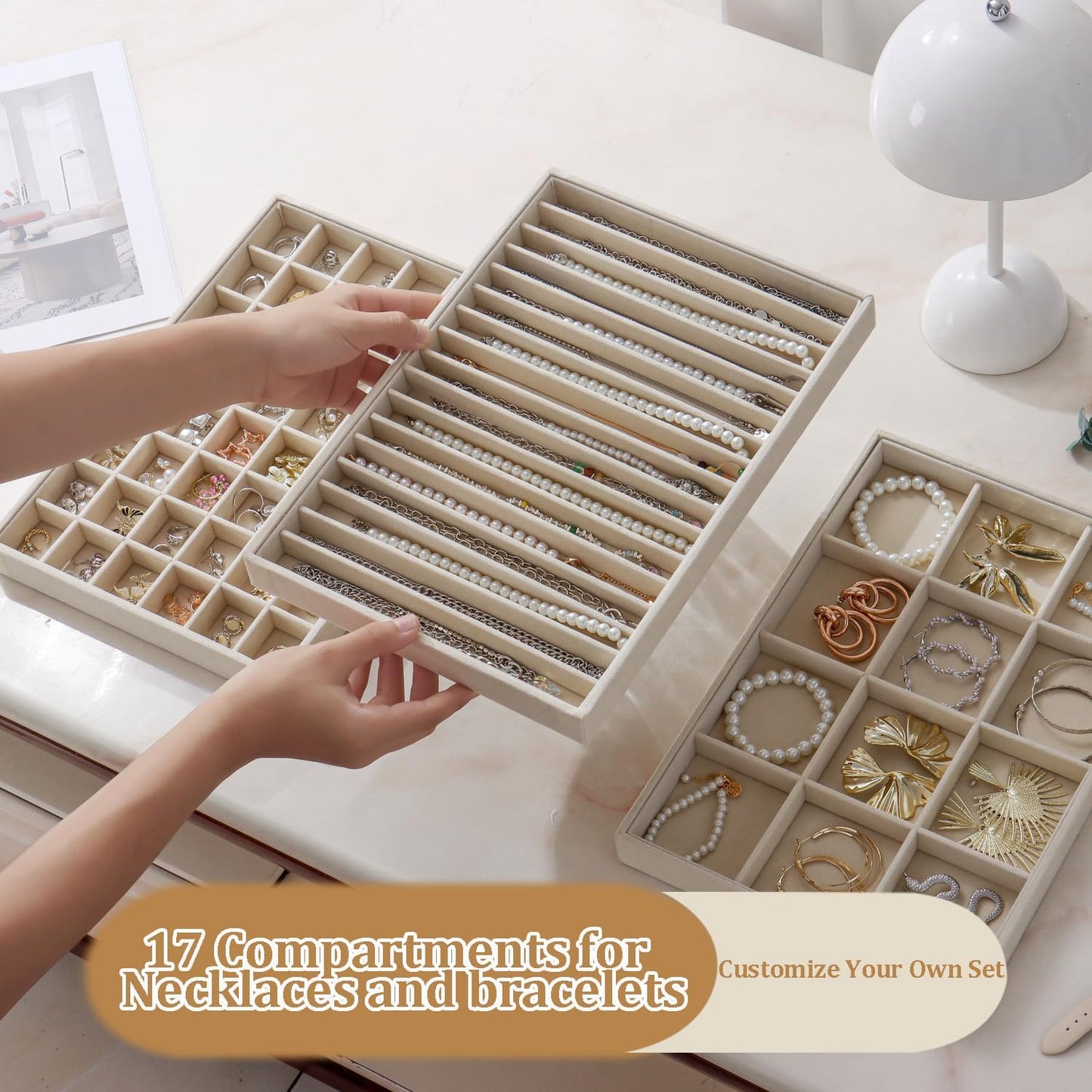 Large Velvet Jewelry Tray 2 Pack Stackable Jewelry Display Drawer Inserts Trays Organizer for Earring Bracelet Necklace Ring (Beige, 16 Grids)