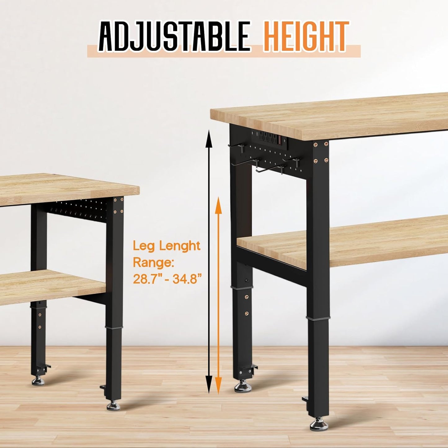 SPECRAFT Adjustable 2-Tier Workbench with 4 AC Outlet and 2 USB Ports Power Outlets, 2000 Lbs Capacity Heavy Duty Workbench, Rubber Wood Top for Garage, Workshop, Office（72x24in）