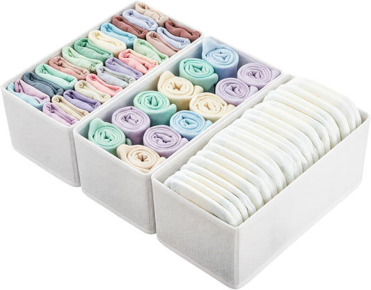 Sock Underwear Drawer Organizer 3-Pack Raw White - Foldable Small Storage Bins for Bras & Baby Clothes, 11" Fabric Dividers for Closet