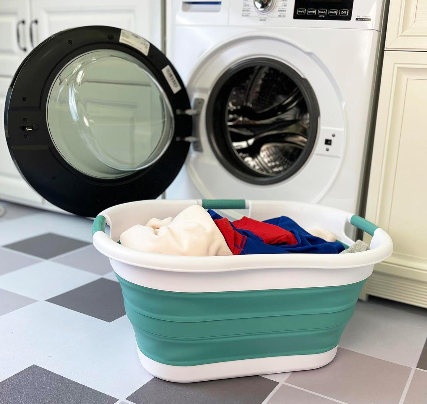 SAMMART 40L (10.5 gallon) Collapsible Plastic Laundry Basket - Foldable Storage Container- Portable Washing Tub - Space Saving Hamper (1, White/Celadon Green)