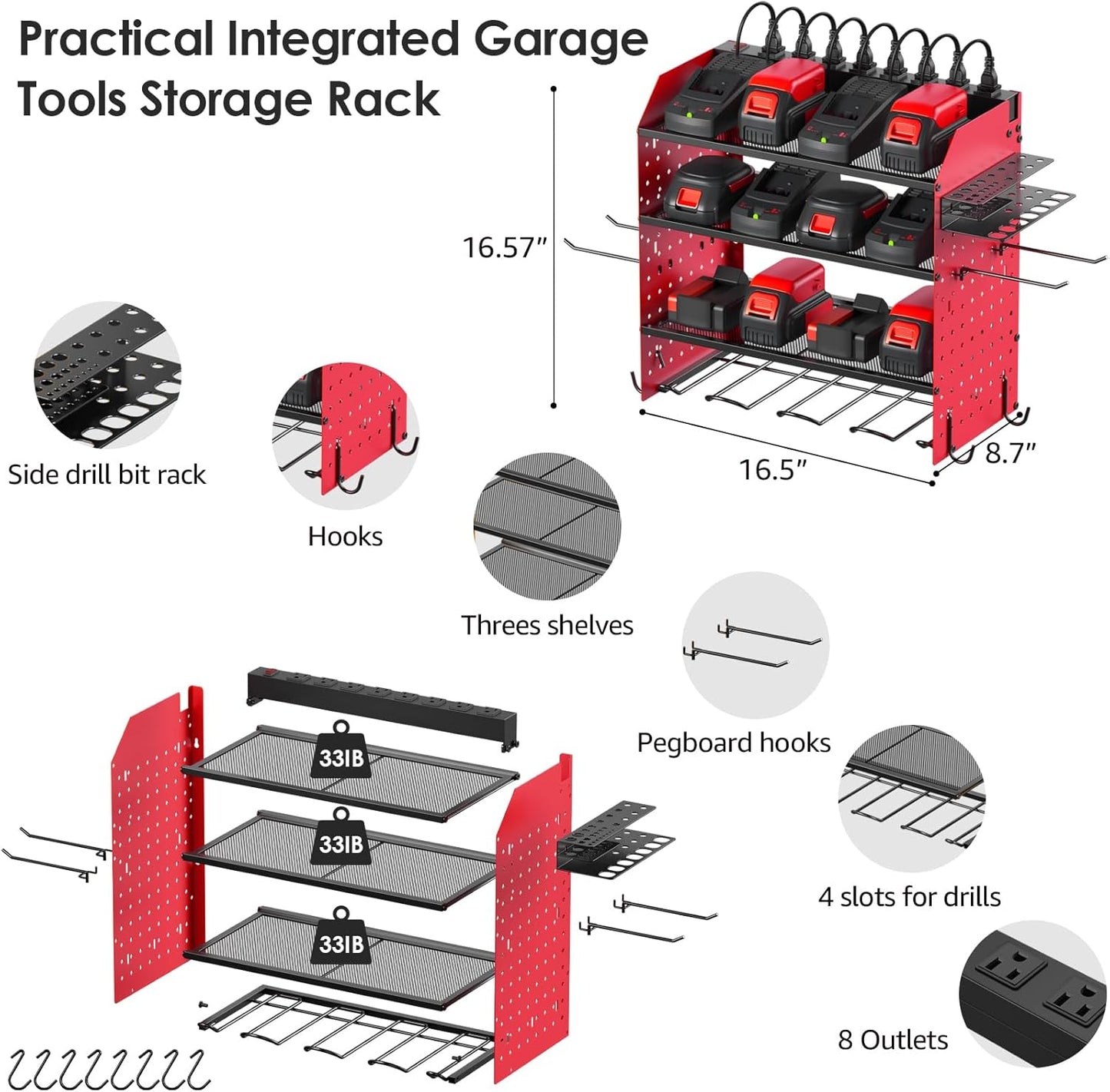 CCCEI Modular Pegboard Rack Power Tool Organizer with Charging Station. 4 Layer Wall Mount Drill Holder, Red Tool Battery Charger Organizer. Garage Shop Storage Utility Shelf with 10FT Power Strip.