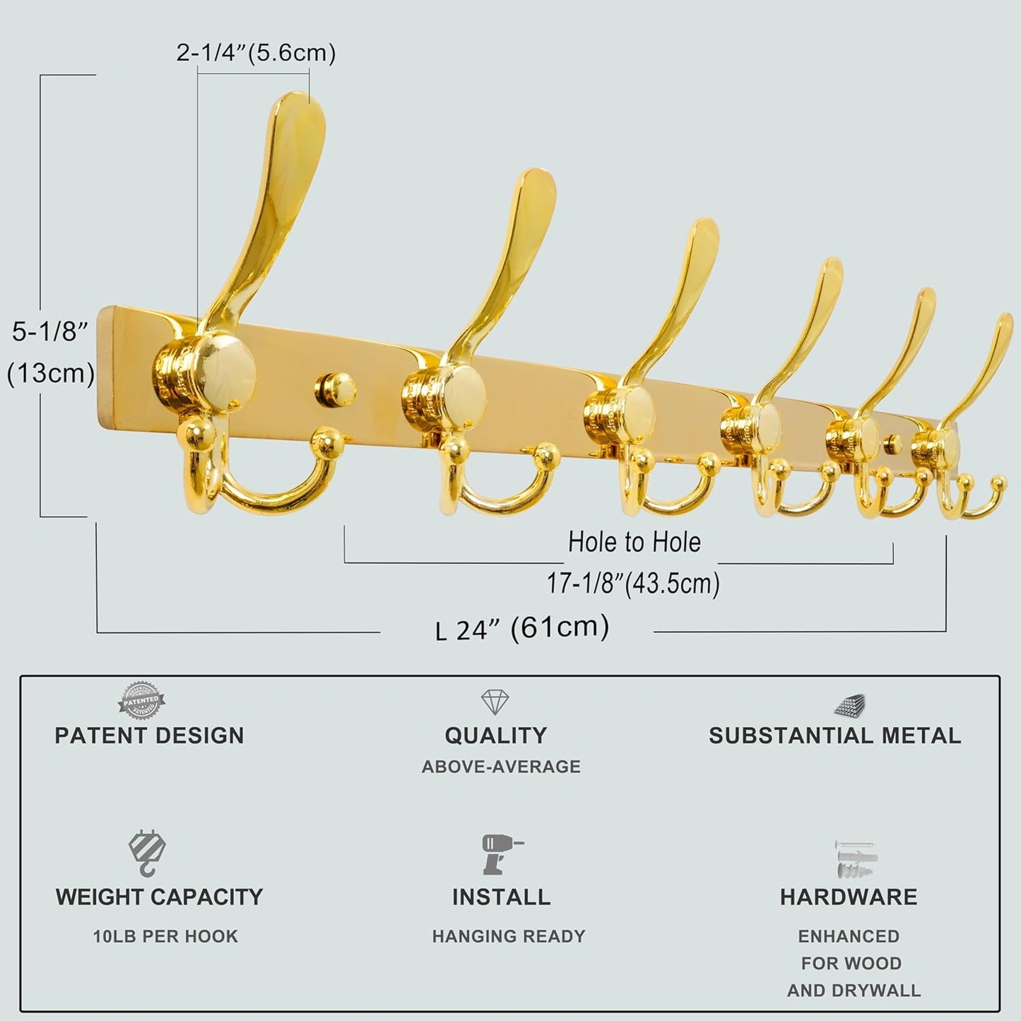 Dseap Coat Rack Wall Mount 2.0 Pro: 24” Long, 3X Tougher, Heavy Duty Stainless Steel Wall Coat Hanger with 6 Tri Hooks for Clothes Jackets Hats Entryway Closet, Gold, Pack of 2