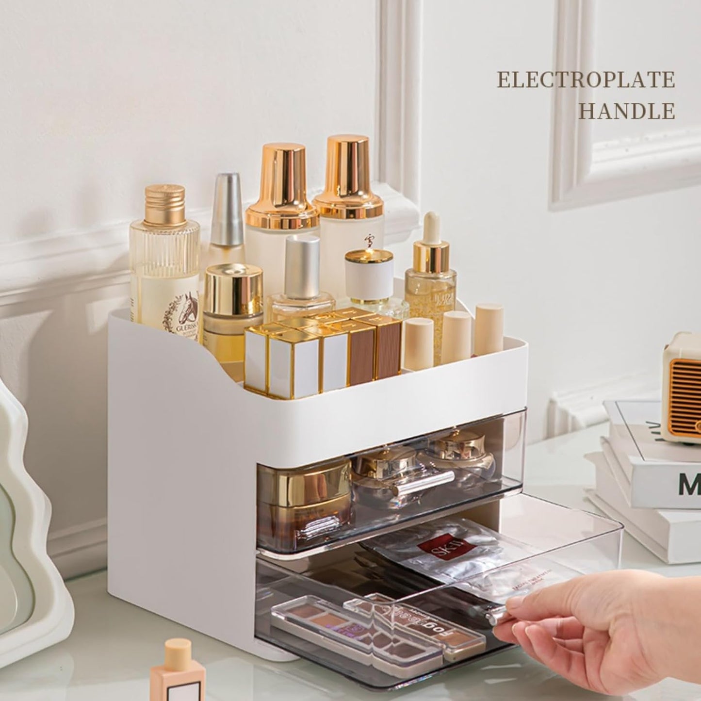 Makeup Organizer for Vanity,Vanity Organizer with 2 Drawers,Makeup&Skincare Organizers Countertop,Cosmetic Display Case,Vanity Storage Box(White)