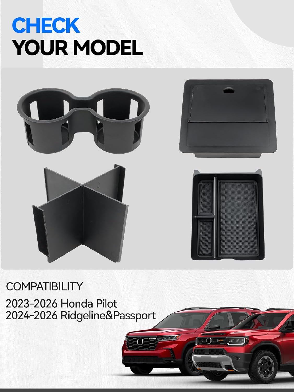 4PCS Center Console Organizer Tray for 2026-2023 Honda Pilot Ridgeline Passport Accessories, Armrest Storage Box and Divider, Hidden Storage Box and Cup Holder for Honda Pilot Ridgeline Passport