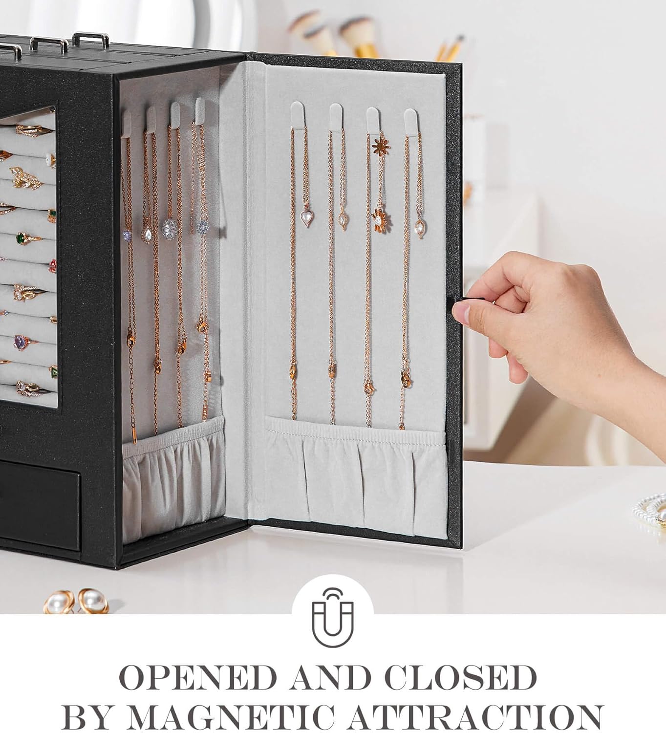 Homde Jewelry Organizer with Transparent Window Necklace Hooks Gift for Women Jewelry Box Display Case for Necklaces Rings Earrings Bracelets and Other Accessories (Black)