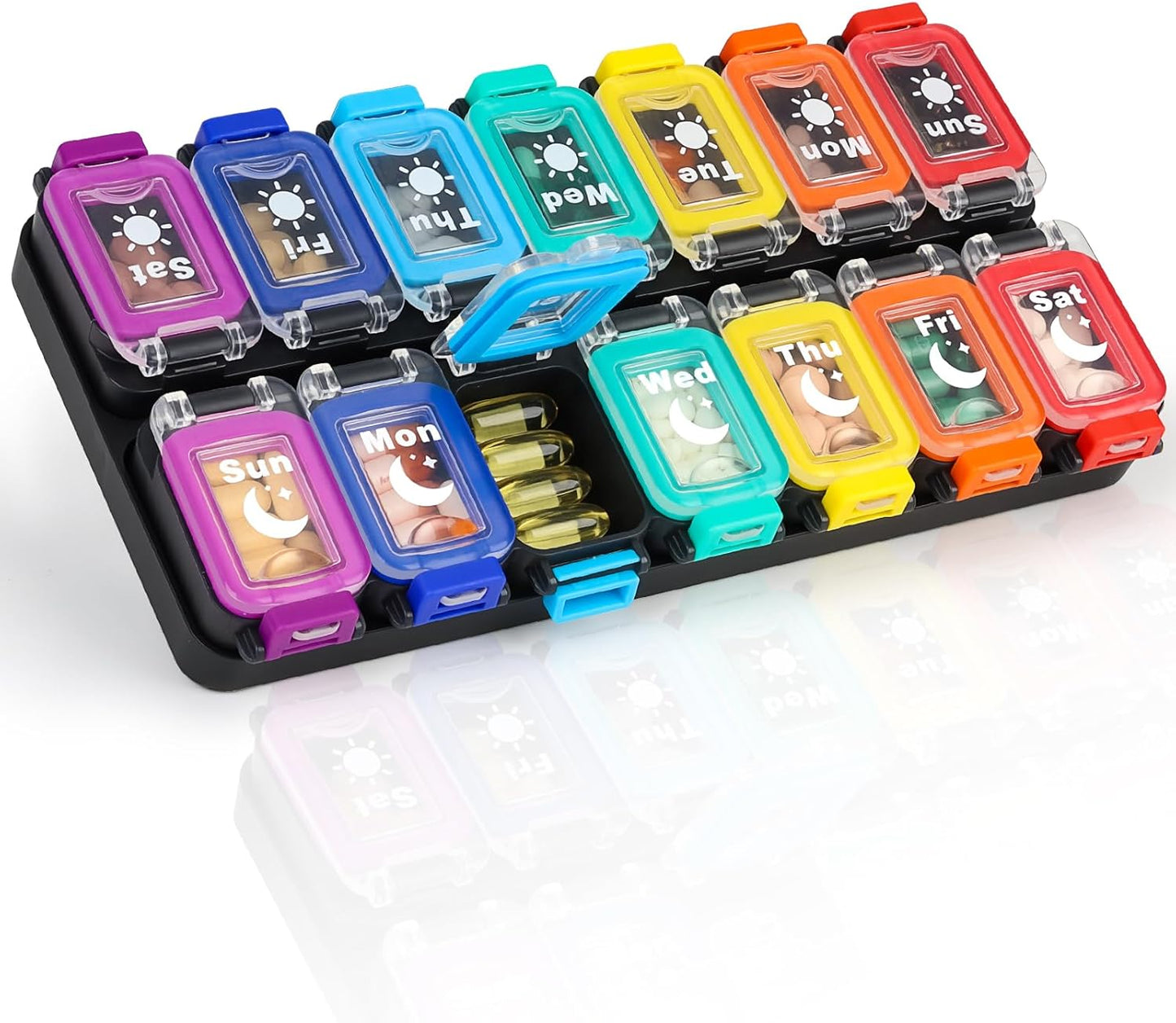 Shintop Weekly Pill Organizer 2 Times a Day, Moisture-Proof Large Vitamin Box 7 Day Secure-Locking Medicine Case with Detachable Rows for Home & Travel (Rainbow)