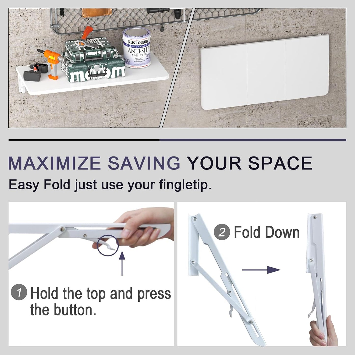TEAMIX Wall Mounted Desk, White Folding Table for Small Spaces, Wall Floating Desk with Heavy Duty Brackets for Laundry Room,Kitchen,Office Storage