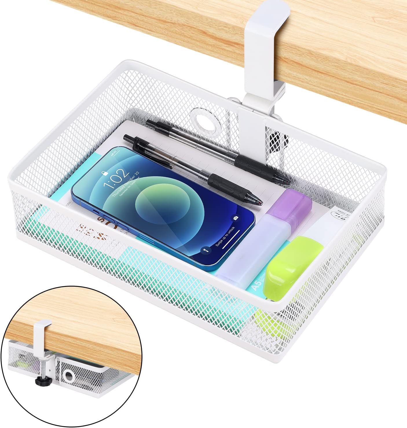 ROSYLINE Clamp On Desk Organizer - Under Desk Hanging Drawer with Storage Basket, Multi-Scene Mount Tray for Home Dorm Office (White)