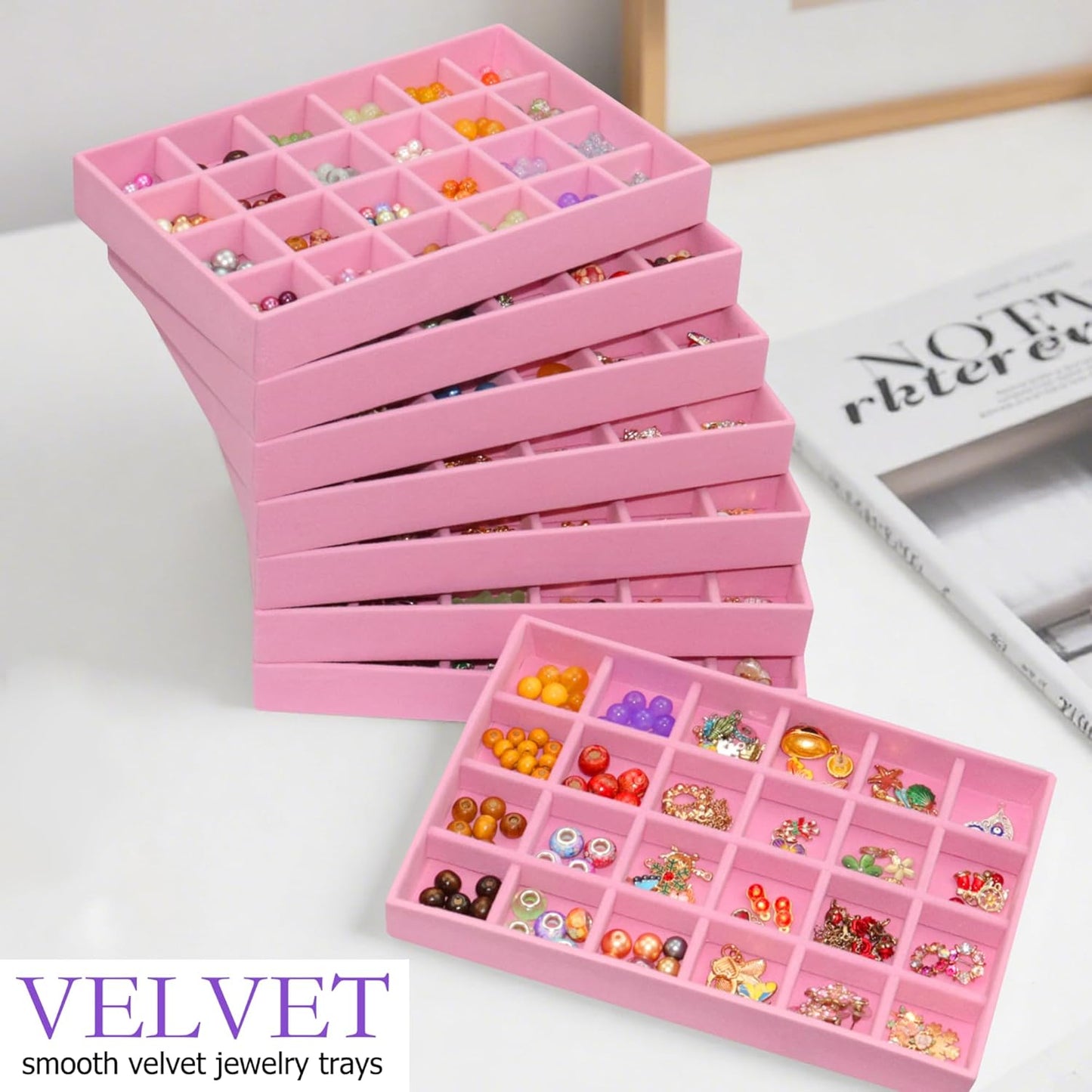 24-Grid Stackable Jewelry Organizer Tray Velvet Jewelry Storage Holder for Drawer Inserts Jewellery Display Box Case for Women Earring Rings Stud Necklaces (Set of 8, Pink