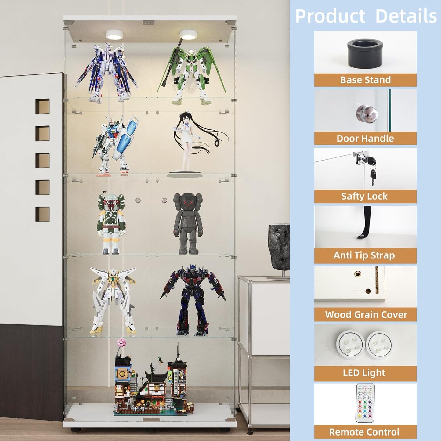 Beauty4U Glass Display Cabinet with Lights, 5 Shelves with 2 Doors, Curio Cabinets for Living Room, Bedroom, Office, White Floor Standing Glass Bookshelf, Quick Installation