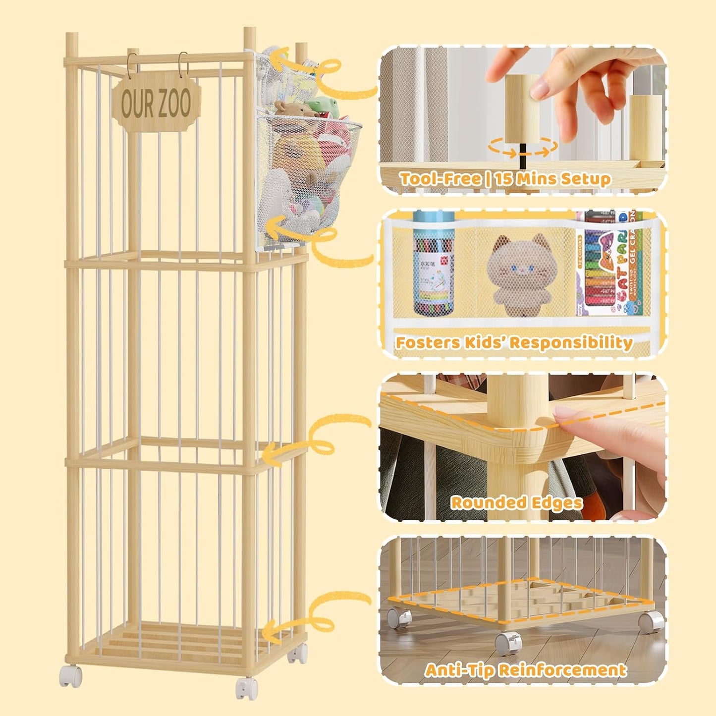 Stuffed Animal Storage, Wood Stuffed Animal Zoo with Wheels & Net, Toy Storage Organizer with Elastic Band, Large Capacity Toy Holder for Nursery, Playroom (3-Layers)