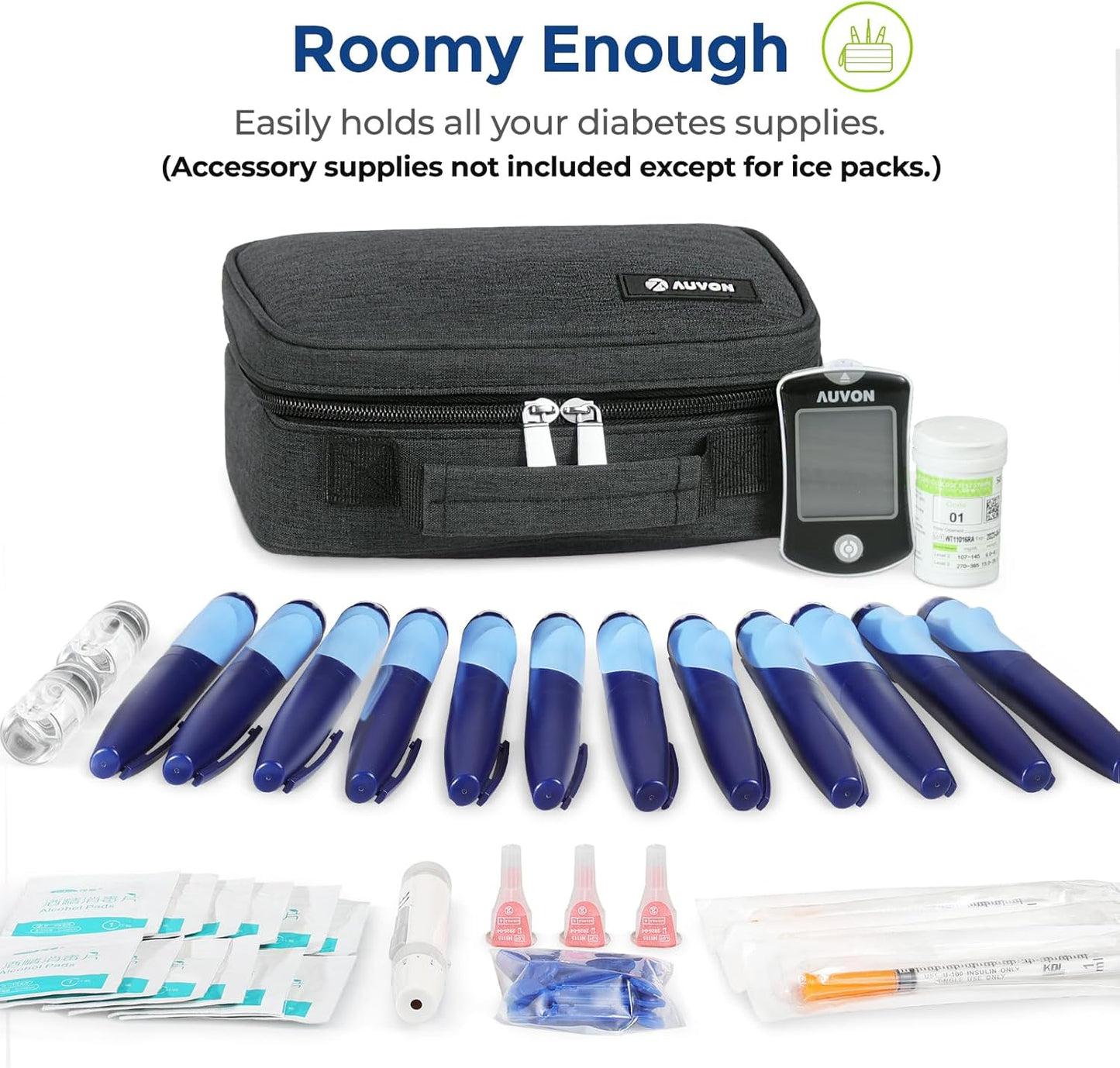 AUVON Large Insulin Cooler Travel Case, Longer Cooling Effect with 4 * 160g Ice Packs, Compact Medication Cooler Bag for 8 Insulin Pens and Diabetic Supplies, Ideal Travel Partner with Handle Design