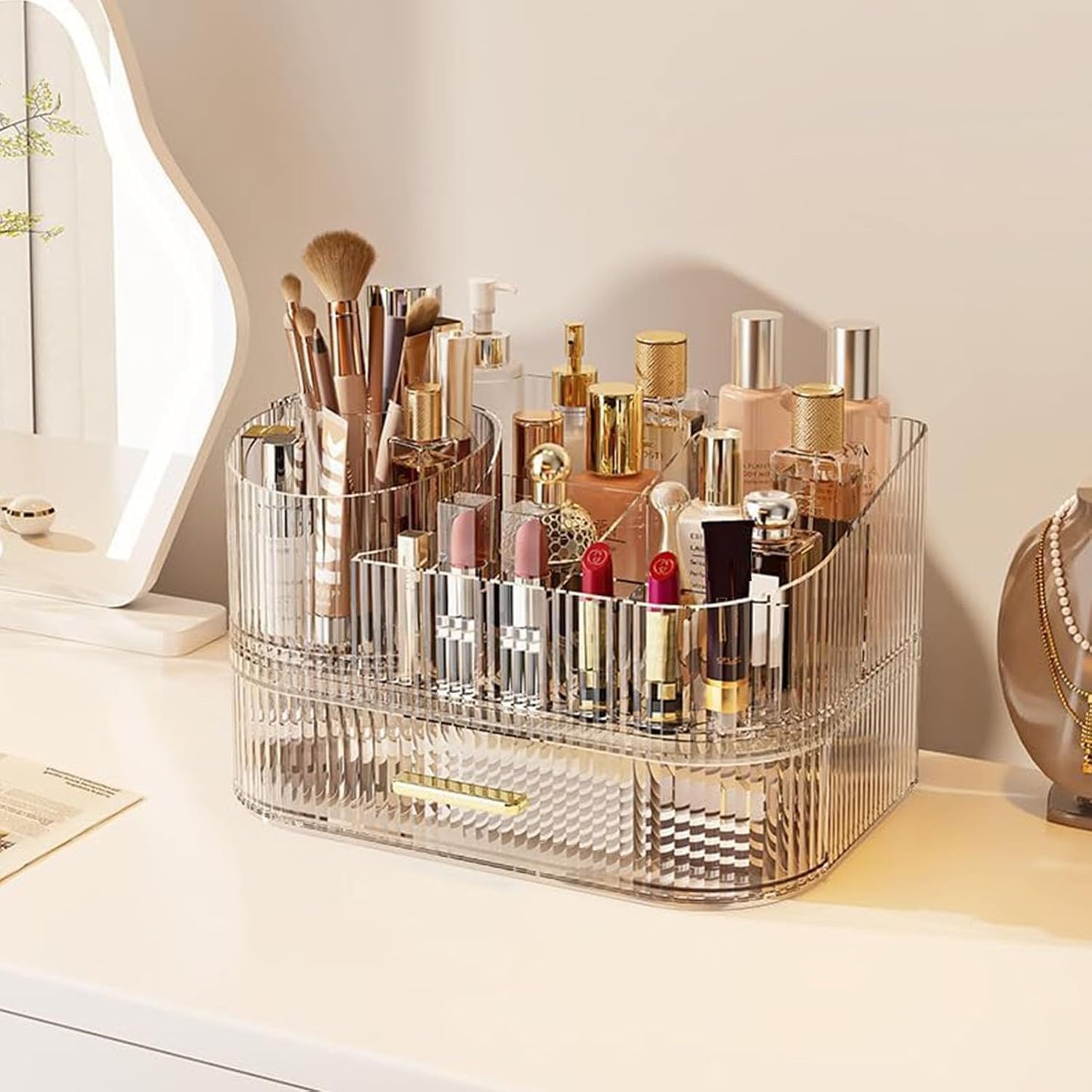 360° Rotating Makeup Organizer with Drawer, Clear Acrylic Cosmetic Storage Display, Stackable Beauty Counter (Clear, Large (Tray + 1 Drawer))