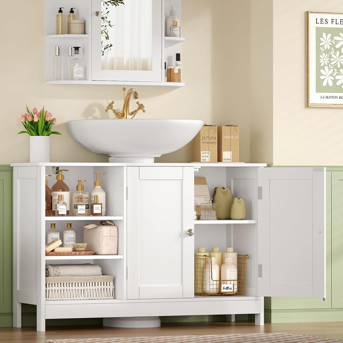 TEENFON 35.4" Pedestal Sink Storage Cabinet with 2 Doors and Adjustable Shelves, Bathroom Sink Cabinet, Under Sink Storage with U-Shape Cut-Out, White