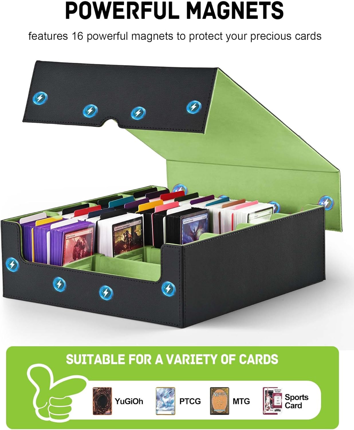 ZLCA Card Storage Box for MTG PTCG, Commander Deck Box Holds 3200+ Cards, Trading Card Storage Case with 4 Stoppers, Card Organizer for TCG Sport Cards(Black&Green)